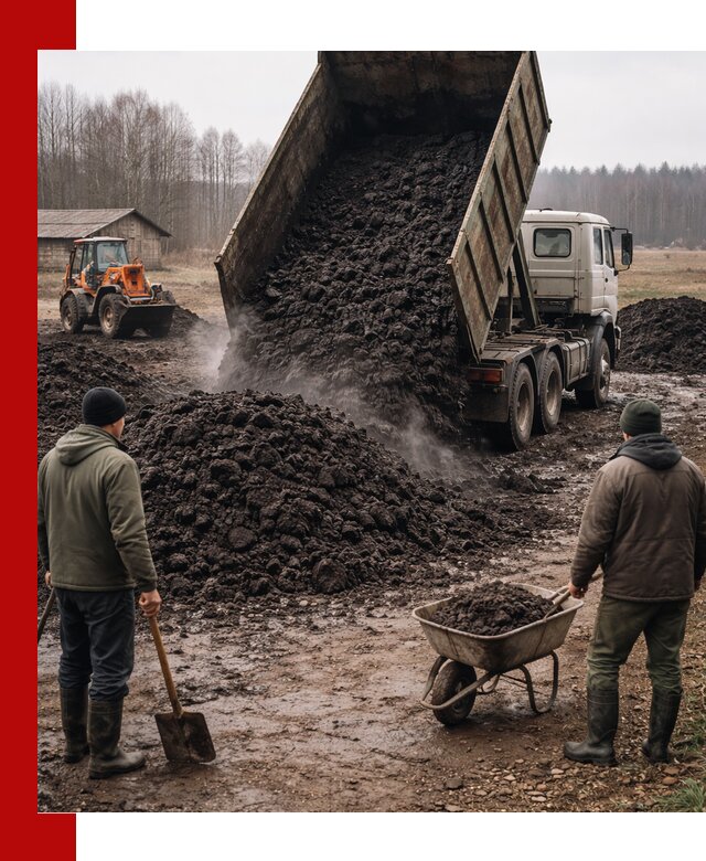 Доставка низинного торфа с разгрузкой и доставкой в Губкине